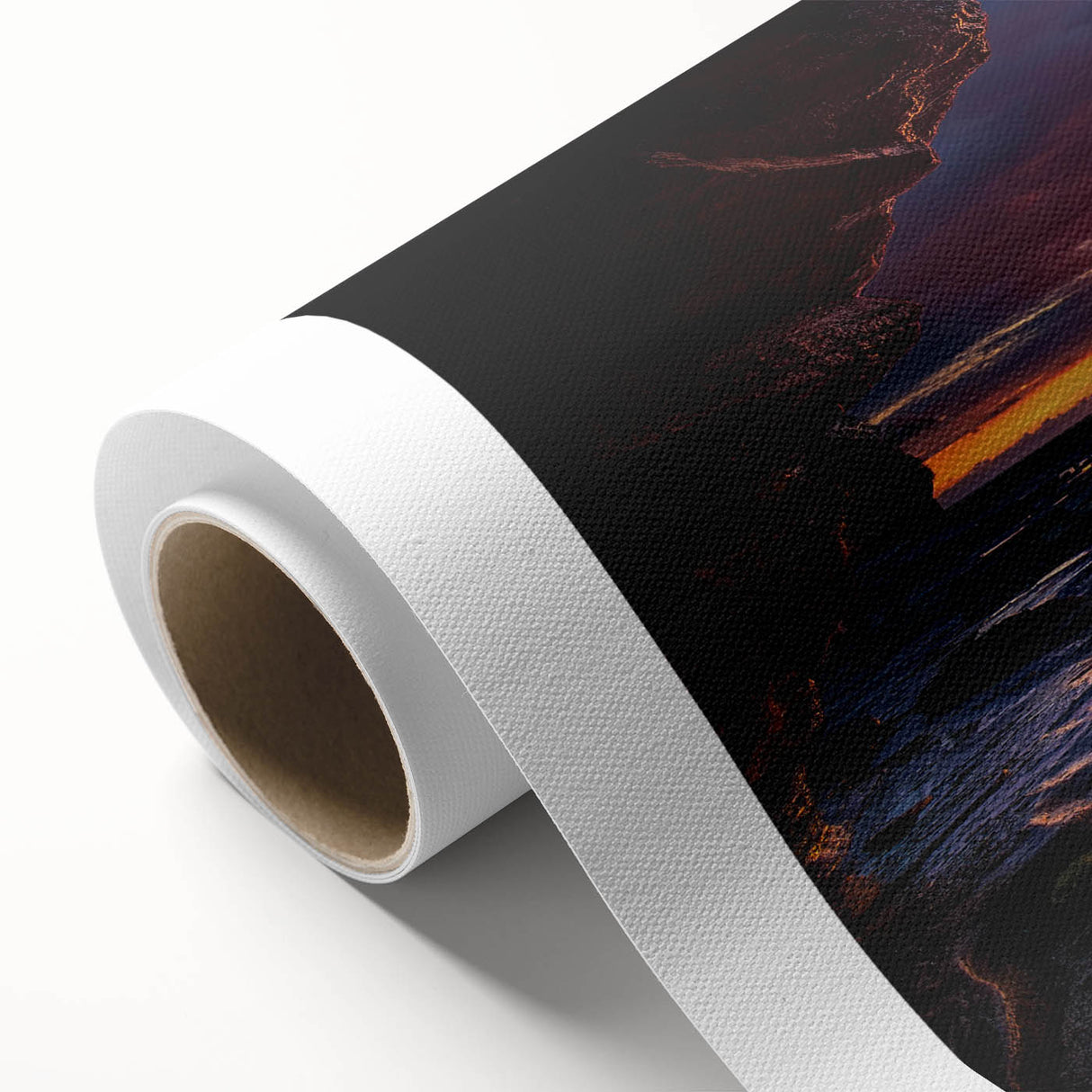 Rolled canvas showcasing a vibrant abstract landscape with earthy tones and rock formations, ideal for modern home decor, presented in protective cardboard tubing.