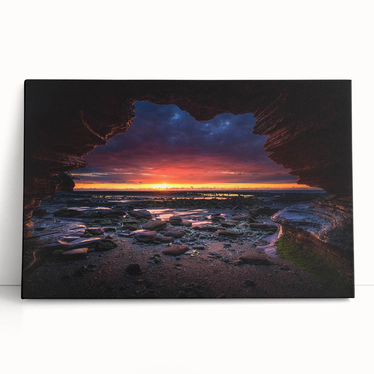Stretched canvas wall art showcasing a vibrant landscape design with abstract rock formations, ideal for modern home decor. Perfect for adding color and style to any room.