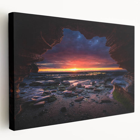 Stretched canvas wall art featuring a serene landscape design with rocky formations and vibrant colors, perfect for enhancing modern home decor.