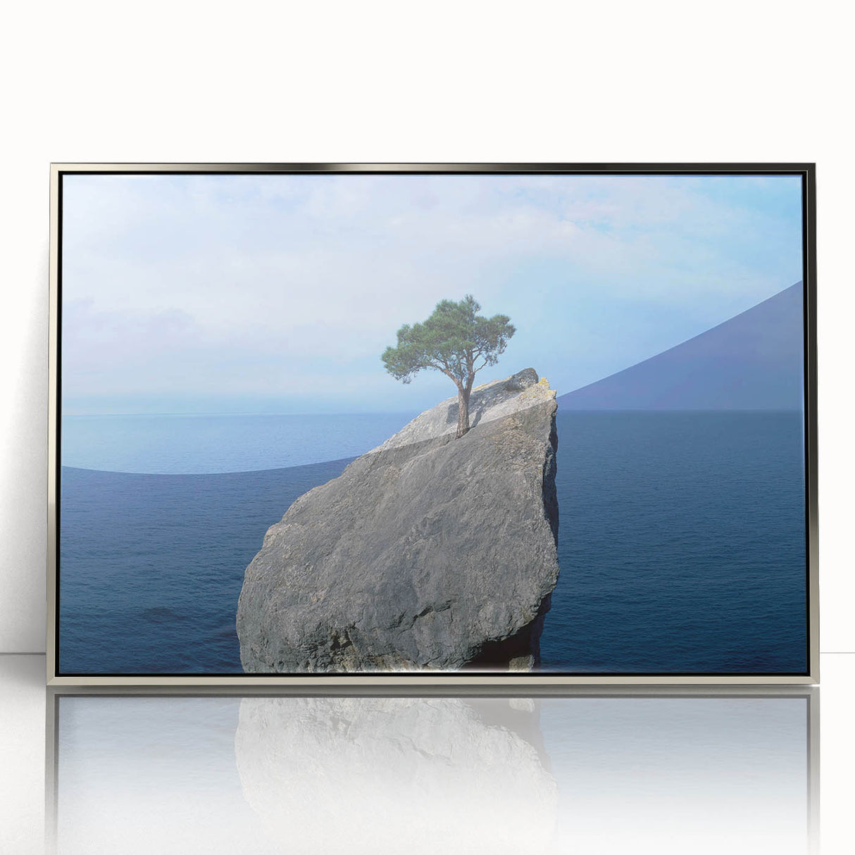 Framed acrylic wall art showcasing a striking landscape with rocky formations, featuring a silver frame and vivid colors, perfect for enhancing modern decor.