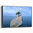 Framed canvas wall art showcasing a serene landscape with rocks and earthy tones, presented from a black side view, perfect for modern home decor.