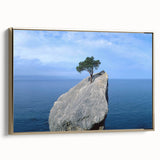 Framed canvas wall art depicting a modern landscape design with rocky formations, accented by gold tones, showcasing an elegant side view for contemporary décor.
