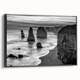Framed canvas wall art showcasing a serene seascape design with vibrant blues and greens, featuring a sleek black frame, perfect for modern decor.