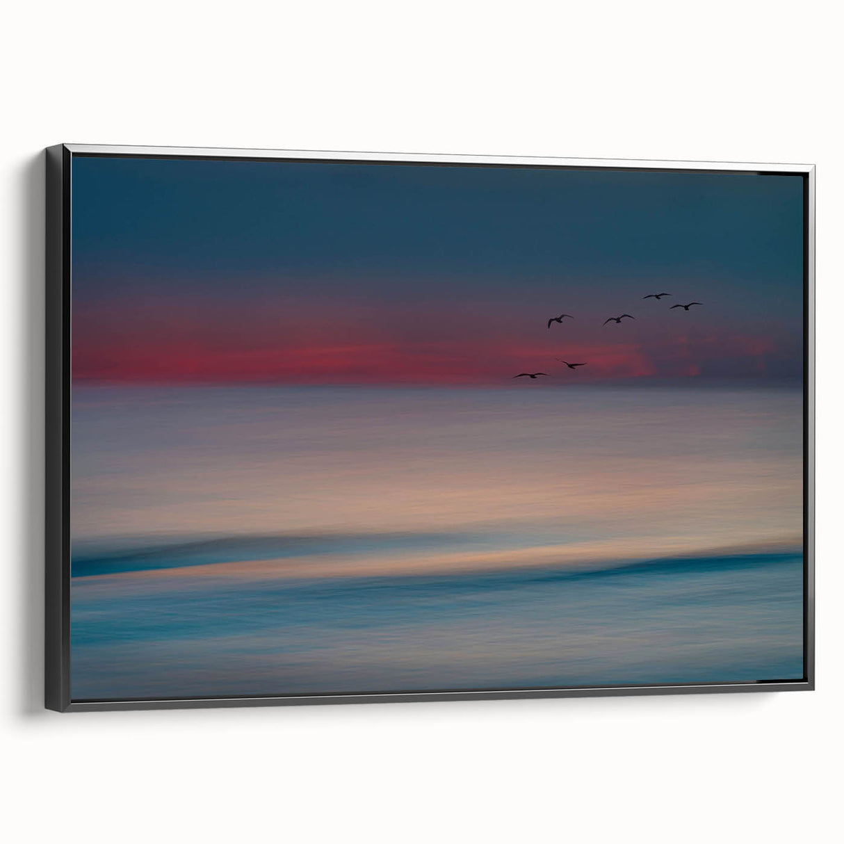 Framed canvas wall art collection featuring stunning seascapes and landscapes in vibrant colors, displayed in a sleek black frame, ideal for modern home decor.