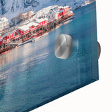 Close-up of a modern wall art piece featuring a vibrant seascape design, printed on acrylic glass, showcasing rich blues and greens for a serene coastal aesthetic. Ideal for enhancing home decor or office spaces with a touch of nature-inspired elegance.