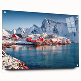 Acrylic glass wall art piece showcasing a vibrant seascape design with blue and green hues, mounted on a sleek white wall, featuring decorative pins for display.