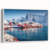 Framed canvas wall art showcasing a serene seascape design with soft blue and white tones, perfect for coastal-themed home decor, viewed from the side.