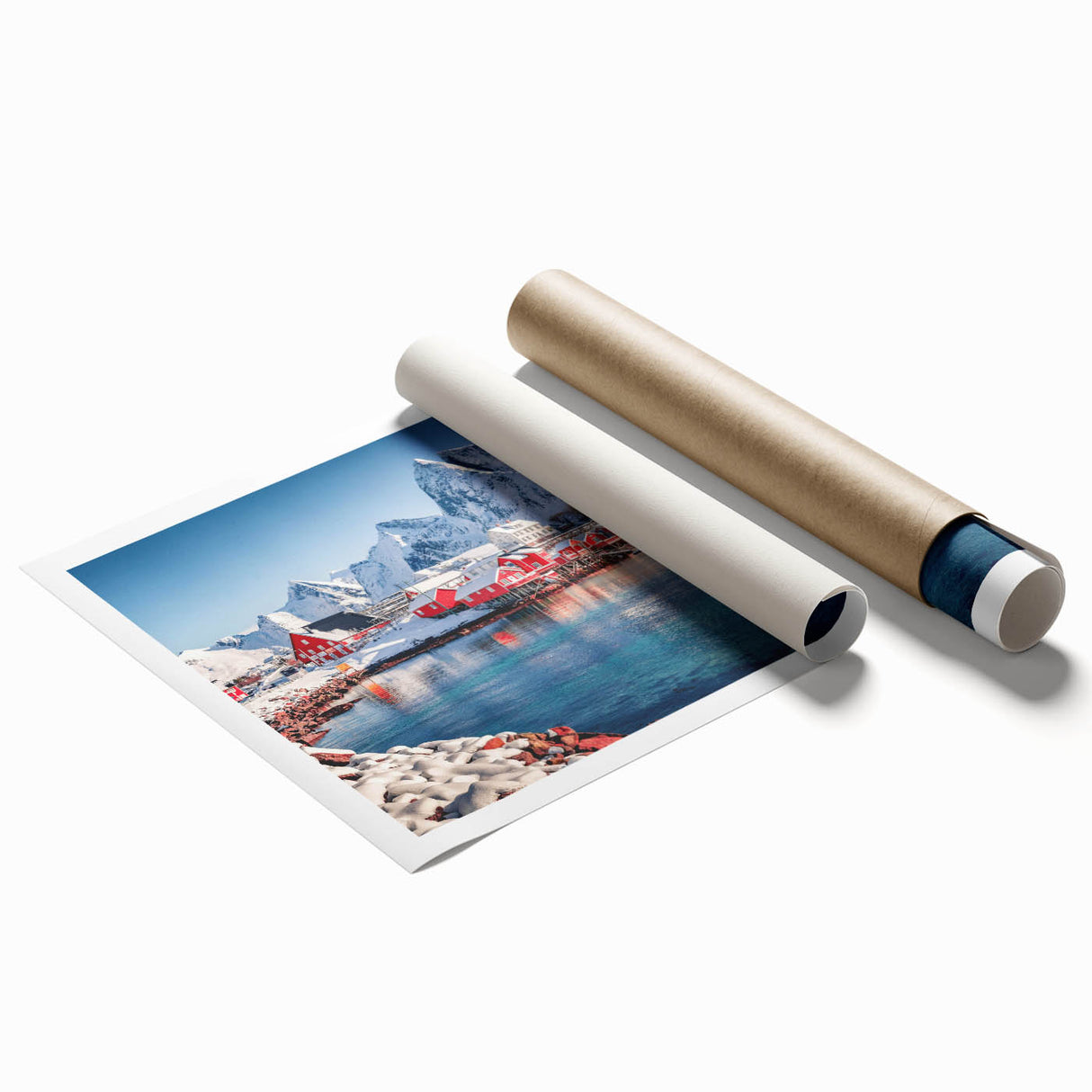 Rolled print of a vibrant seascape design, showcasing dynamic waves and a colorful sunset, perfect for coastal home decor or art collections, packaged securely.