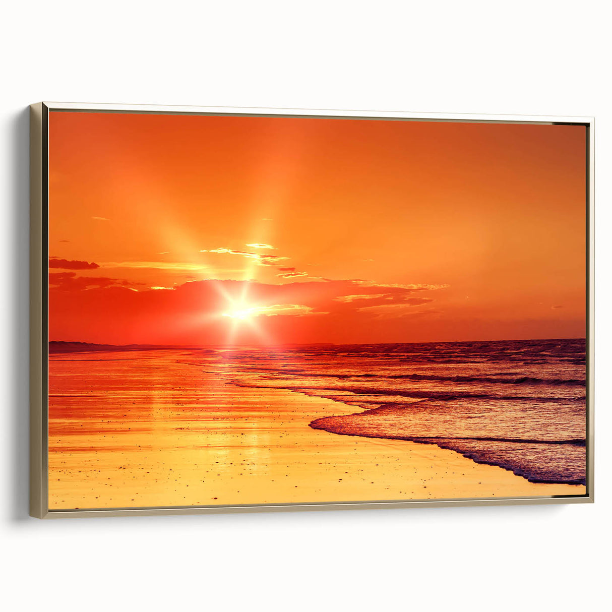 Framed canvas wall art showcasing a coastal landscape with golden hues and a serene ocean view, perfect for modern home decor. Features a sleek gold frame and enhances any living space with its calming aesthetic.