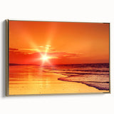 Framed canvas wall art showcasing a coastal landscape with golden hues and a serene ocean view, perfect for modern home decor. Features a sleek gold frame and enhances any living space with its calming aesthetic.