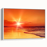 Framed canvas wall art showcasing a serene seascape design with soft blue and white hues, presented from a side view against a neutral background. Ideal for coastal decor.