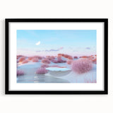 Framed black wall art featuring a serene seascape design with a mat, showcasing calming ocean waves and a vibrant sunset, perfect for home decor.