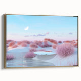 Framed canvas wall art from the "Landscapes & Seascapes" collection showcases a serene coastal scene with vibrant colors and golden accents, perfect for modern home decor.