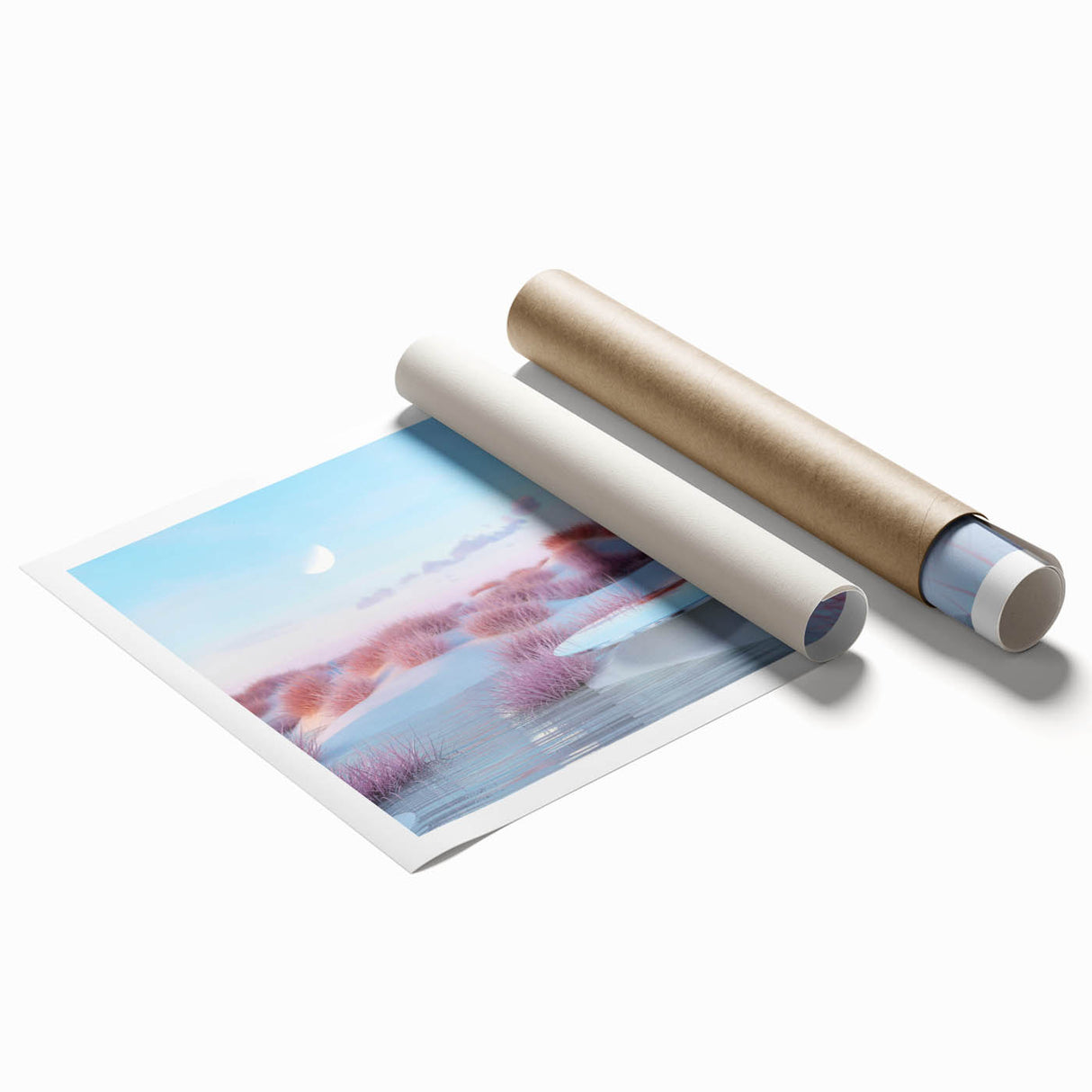 Rolled print of a stunning seascape design featuring vibrant blues and greens, ideal for home decor. Perfectly packaged in a durable tube for protection.