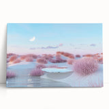 Stretched canvas wall art collection featuring vibrant seascapes and landscapes, showcasing a serene coastal scene with soft blues and greens, perfect for home decor.