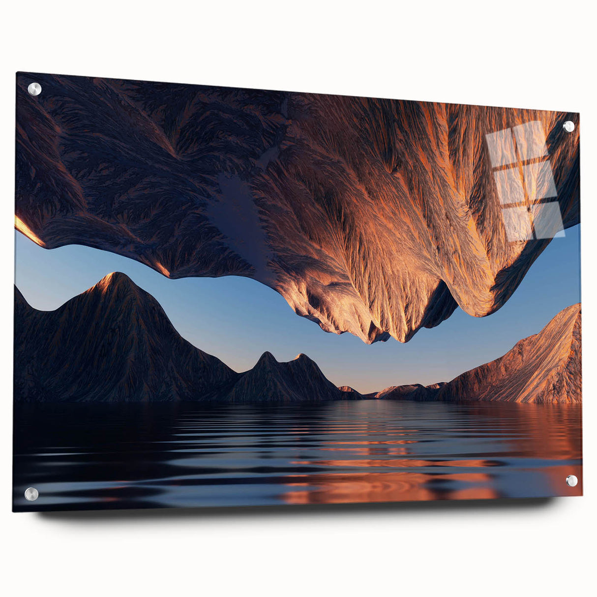 Acrylic glass wall art showcasing a scenic seascape design, elegantly displayed from the side with secure pins, perfect for modern home décor.