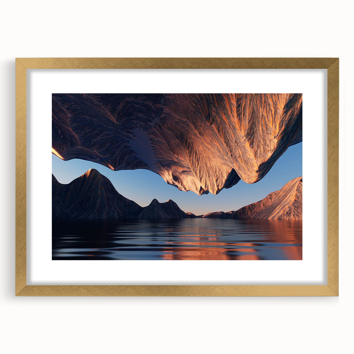 Framed wall art featuring a serene seascape design with soft blue and gold tones, elegantly matted and showcased in a gold frame, perfect for coastal-themed decor.