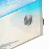 Close-up of a vibrant acrylic glass wall art piece featuring a seascape design, showcasing rich blue and green hues, ideal for enhancing modern decor.