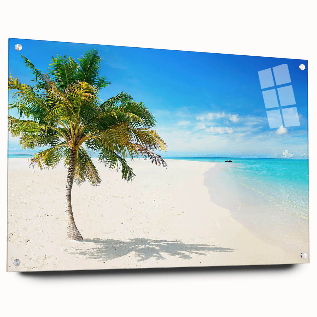 Acrylic glass wall art showcasing a serene seascape design, featuring vibrant blues and greens, elegantly mounted with pins for a contemporary display. Ideal for coastal-themed decor.