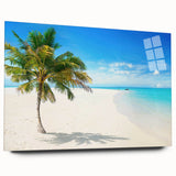 Side view of a modern wall art collection featuring vibrant abstract seascapes on acrylic glass, showcasing a colorful blend of blues, greens, and golds, perfect for home decor.