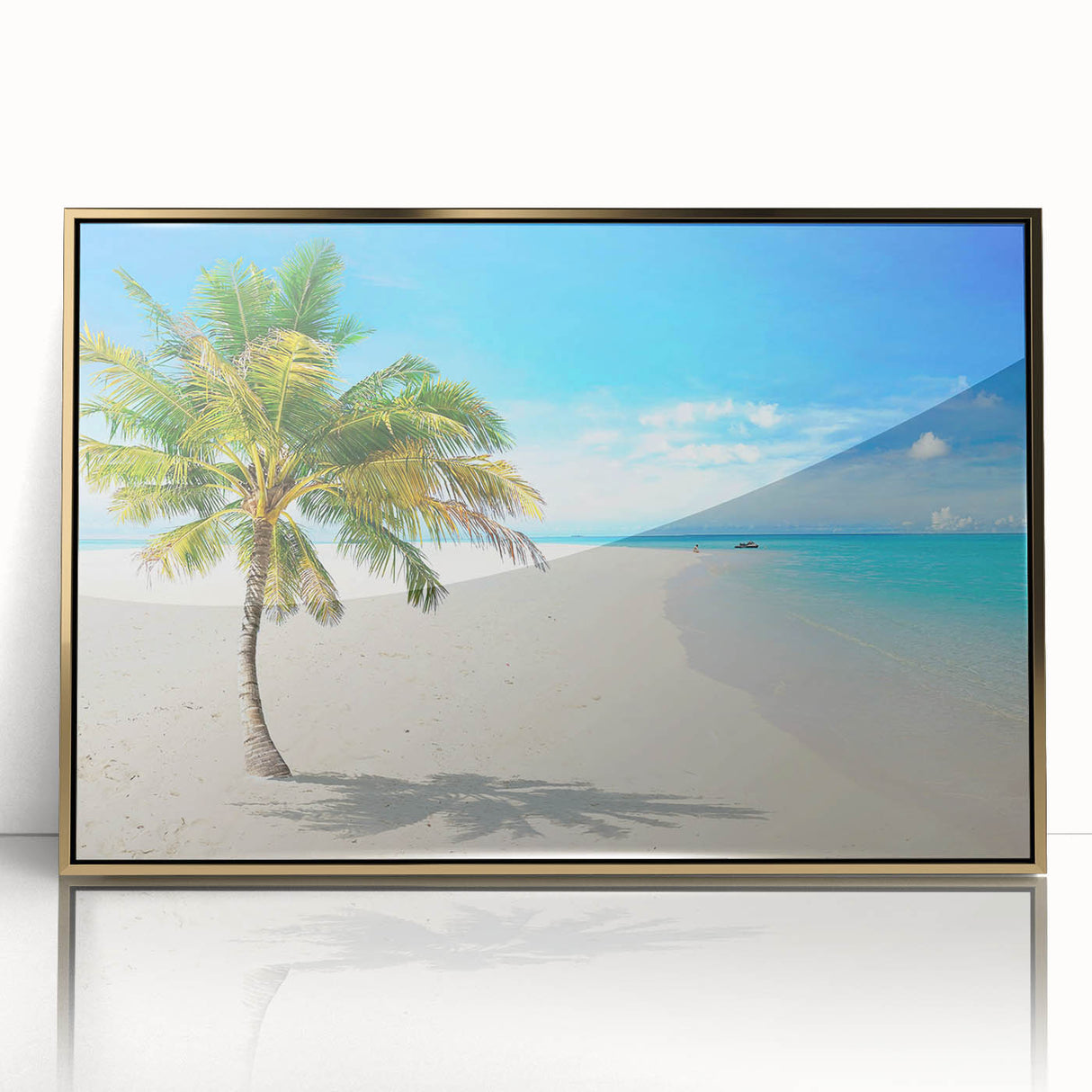 Framed wall art design featuring a vibrant seascape with golden accents, ideal for modern home decor. The artwork captures dynamic ocean waves and a serene sky, creating a calming atmosphere.