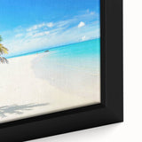 Framed canvas wall art showcasing a vibrant seascape design with rich blues and greens, ideal for coastal decor. Perfect for adding a serene touch to any room.