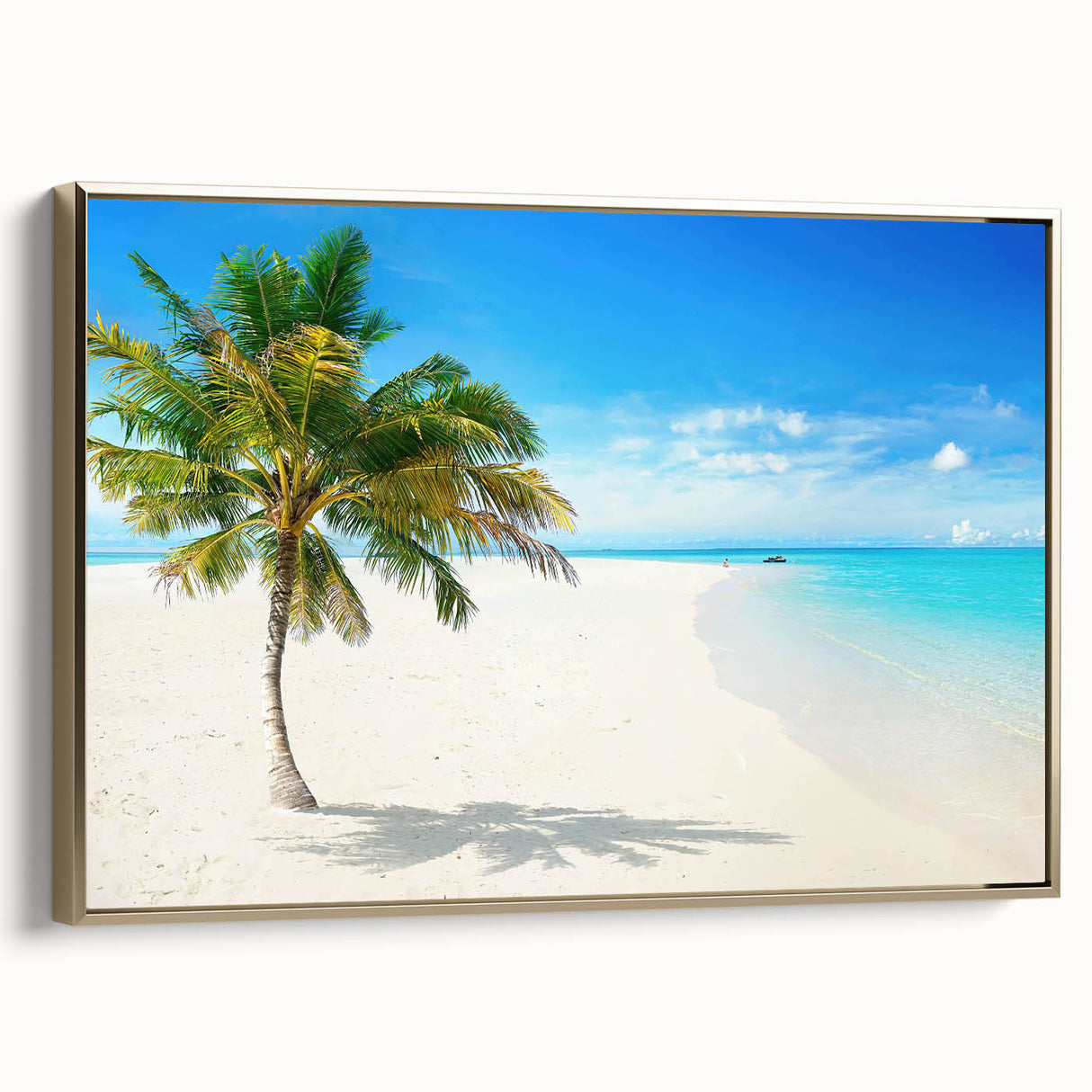 Elegant framed canvas artwork showcasing a serene seascape design with vibrant blues and gold accents. Perfect for enhancing modern home decor, this piece adds a touch of sophistication and tranquility to any room. Ideal for art enthusiasts seeking a coastal aesthetic.