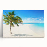 Stretched canvas wall art featuring a serene seascape design with soft blues and greens, leaning against a neutral wall, ideal for coastal home decor.