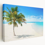 Stretched canvas wall art showcasing a serene seascape design with vibrant blues and soft whites, perfect for beach-themed decor. Ideal for enhancing living spaces.