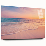 Acrylic glass wall art collection showcasing a vibrant seascape design, highlighting dynamic waves and a colorful sunset, displayed from a side view without pins, perfect for modern home decor.