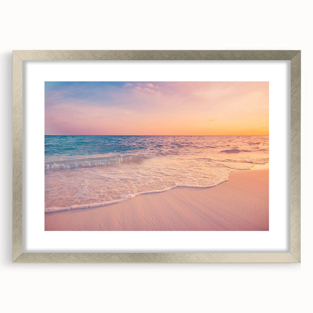 Framed wall art collection featuring a serene seascape design with a silver mat, ideal for enhancing modern home décor. This landscape artwork showcases tranquil ocean hues and elegant framing, perfect for living spaces or offices.