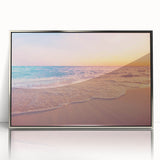 Framed acrylic wall art showcasing a serene seascape design with silver accents, ideal for modern home decor, enhancing living spaces with coastal elegance.