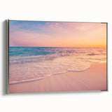 Framed canvas wall art collection showcasing serene seascapes and landscapes with a silver frame, perfect for enhancing modern home decor.