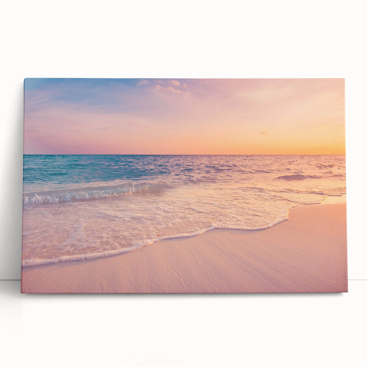 Stretched canvas wall art collection showcasing serene seascapes and landscapes in calming blue and green tones, perfect for modern home decor.