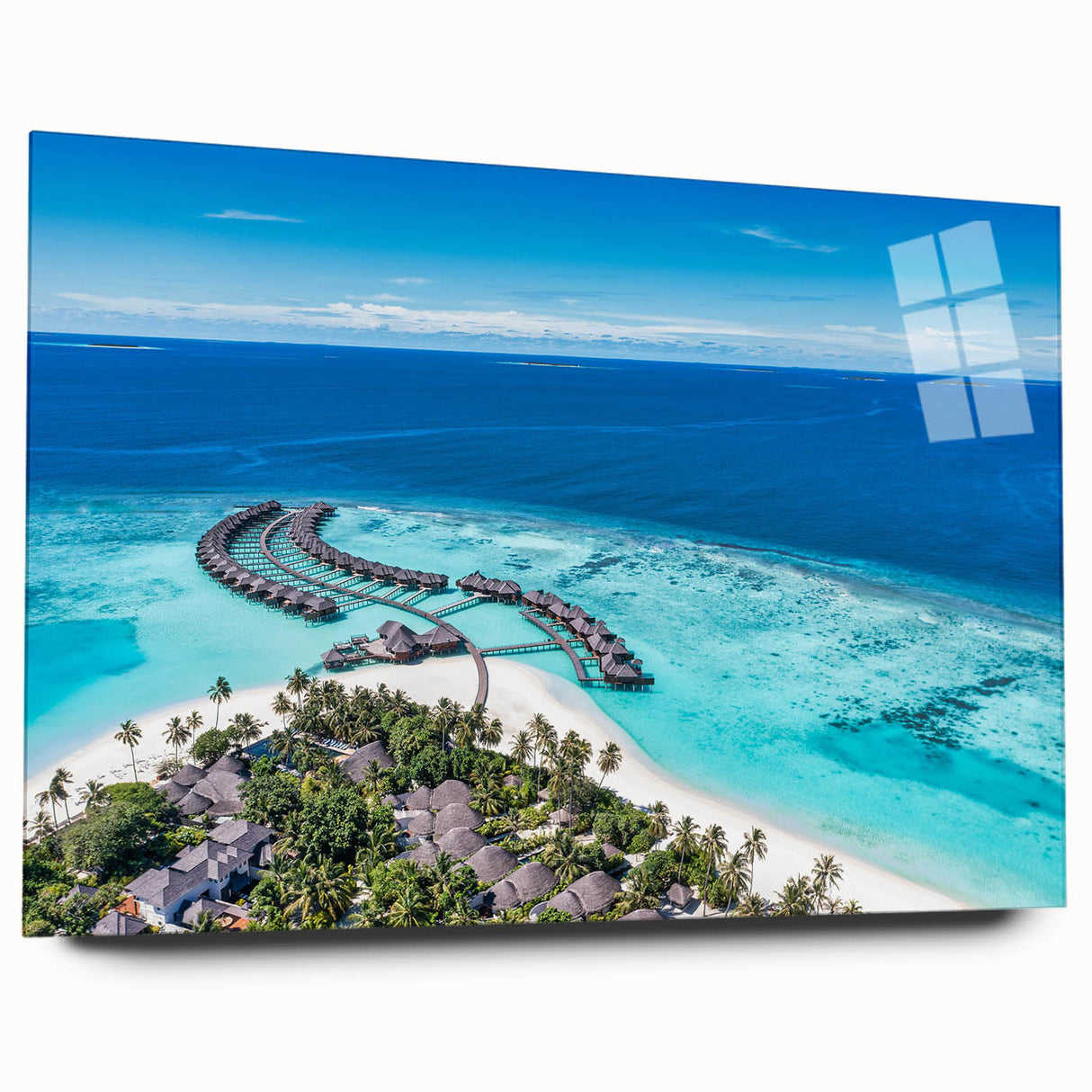 Acrylic glass wall art display showcasing a vibrant seascape design with colorful waves and a serene beach scene, perfect for coastal-themed decor.