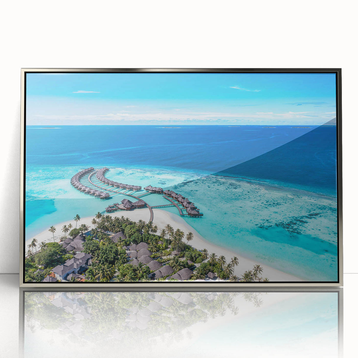 Framed acrylic wall art featuring a serene seascape design with calming blue and silver tones, perfect for adding a tranquil touch to modern interiors.