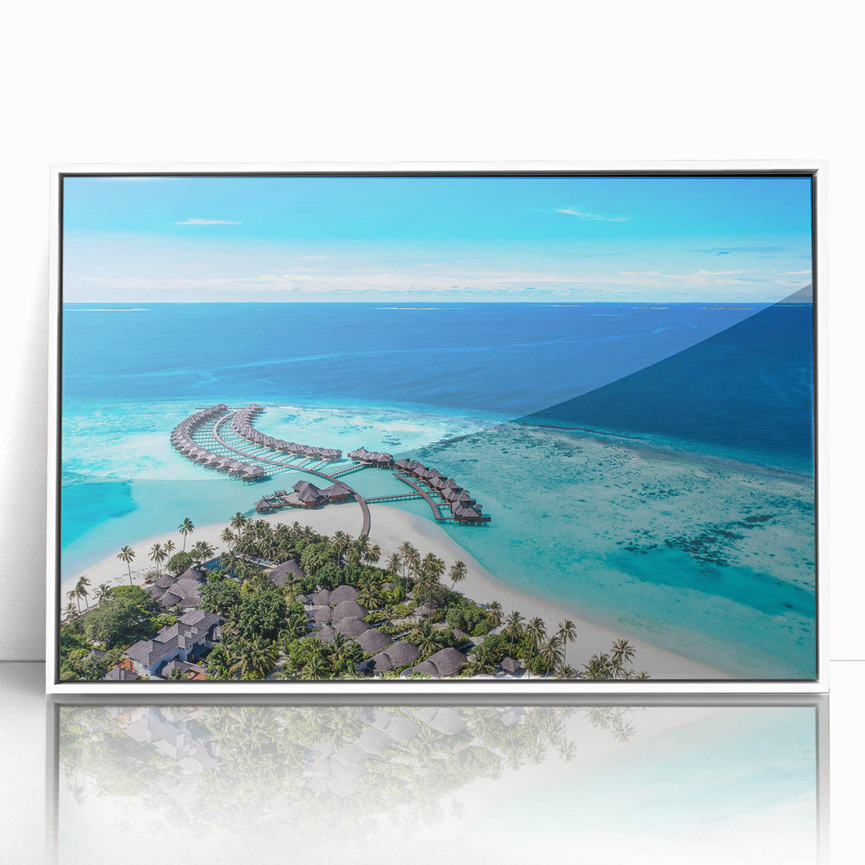 Framed acrylic wall art featuring a serene seascape design with calming blue and white colors, perfect for enhancing coastal-themed interiors. This stylish piece adds elegance and tranquility to any room, making it a great choice for beach lovers and art enthusiasts alike.