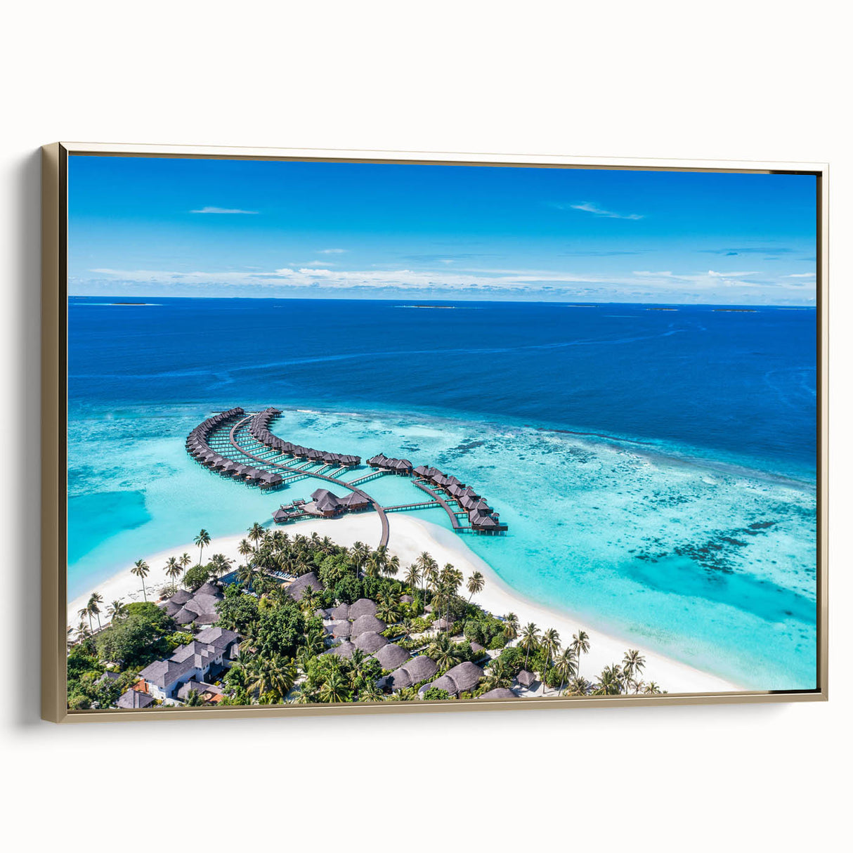 Framed canvas wall art showcasing a serene seascape design with gold accents, perfect for enhancing modern home decor. Ideal for coastal-themed interiors.