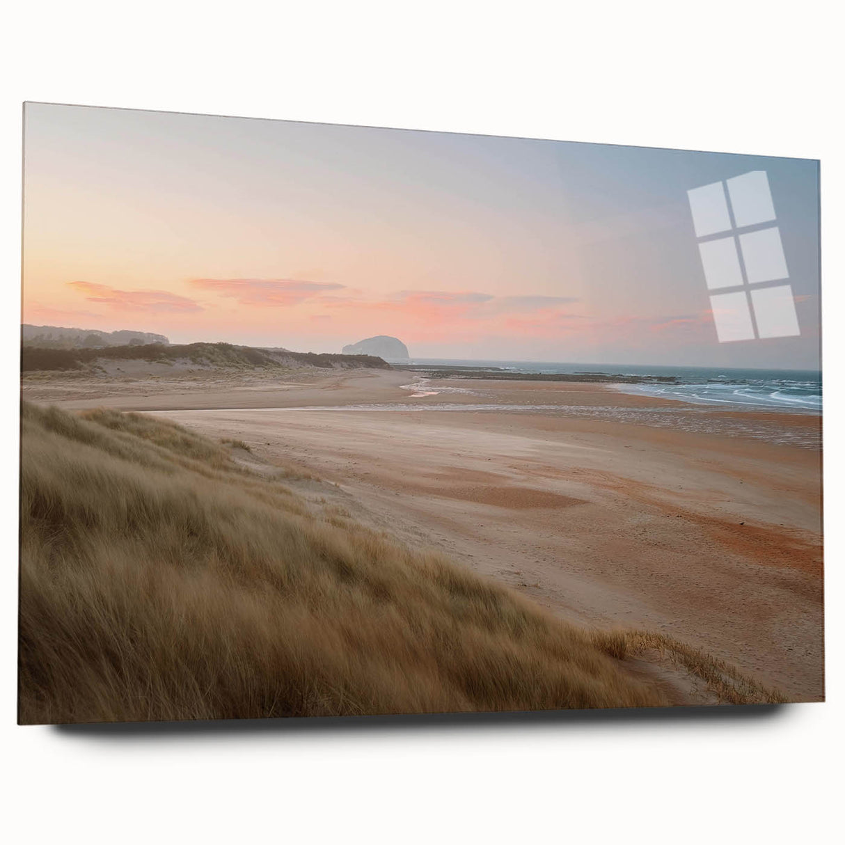 Acrylic glass wall art collection featuring a vibrant seascape design, showcasing colorful waves and a serene beach scene, perfect for modern home decor.