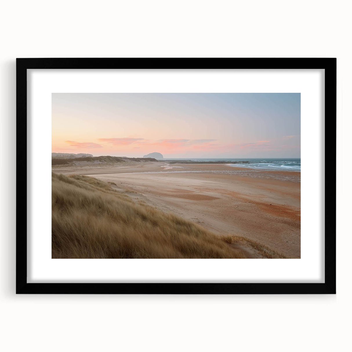 Black-framed wall art collection showcasing a serene seascape design featuring soft blue and gray tones, ideal for coastal-themed interior decor.