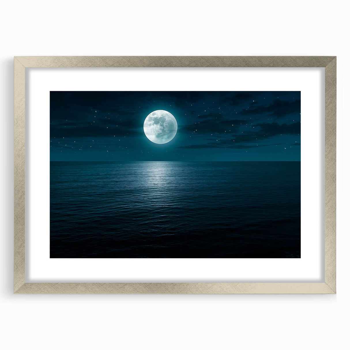 Framed wall art showcasing a serene seascape design with a silver mat, perfect for home decor. The artwork features calming ocean hues, enhancing any space.