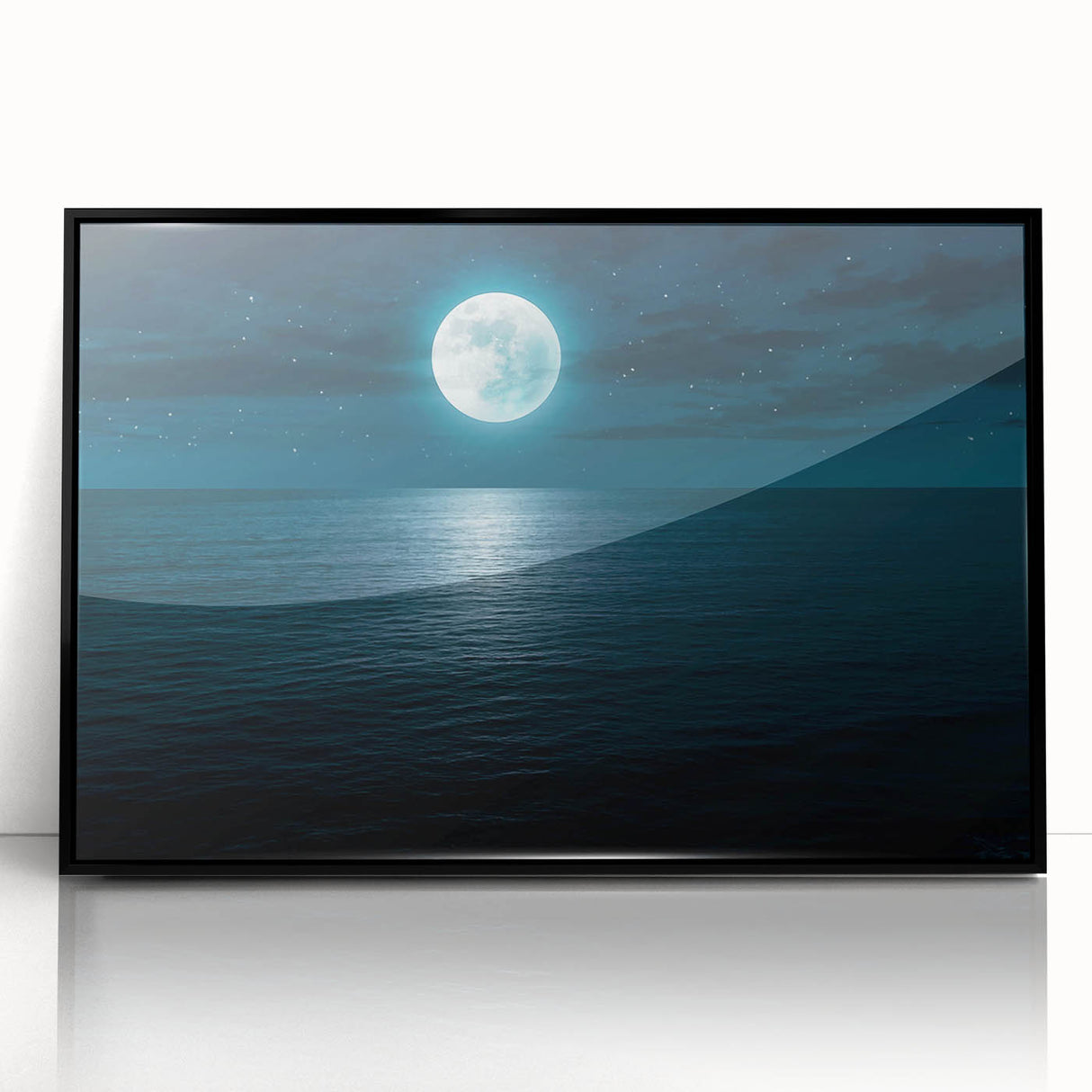 Framed wall art collection showcasing a serene seascape design with vibrant blues and greens, presented in a sleek black frame, perfect for modern decor.