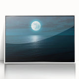 Framed acrylic wall art featuring a serene seascape design with soft blue and white hues, displayed in a sleek white frame, perfect for coastal home decor.