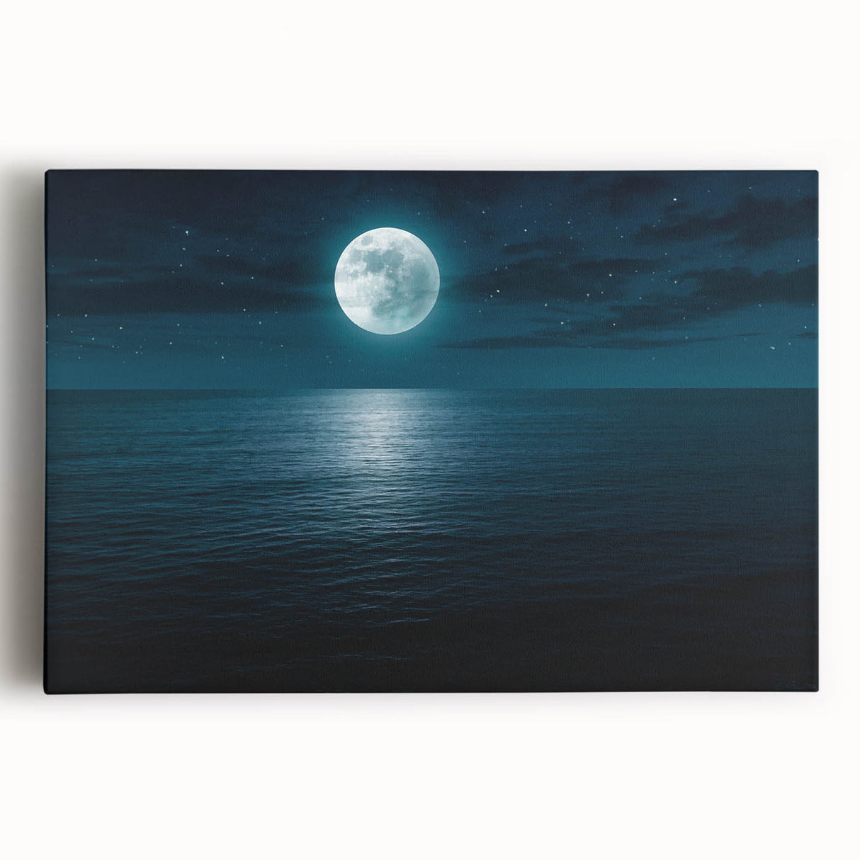 Stretched canvas artwork showcasing a vibrant seascape design with hues of blue and green, framed and ready to hang, ideal for coastal-themed home decor.