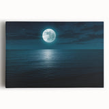 Stretched canvas artwork showcasing a vibrant seascape design with hues of blue and green, framed and ready to hang, ideal for coastal-themed home decor.