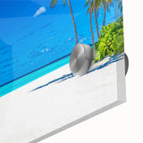 Close-up of a vibrant seascape wall art design showcasing abstract waves in shades of blue and green, printed on acrylic glass for a glossy finish. Perfect for coastal-themed decor.