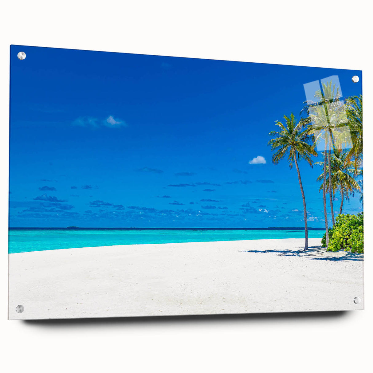 Side view of a contemporary wall art piece showcasing a vibrant seascape design, printed on acrylic glass with elegant pins for hanging, ideal for modern decor.