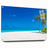 Side view of a contemporary wall art piece showcasing a vibrant seascape design, printed on acrylic glass with elegant pins for hanging, ideal for modern decor.