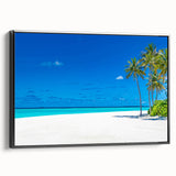 Framed canvas wall art showcasing a serene seascape design, featuring soft blue and green hues, elegantly displayed with a black frame, perfect for coastal decor.