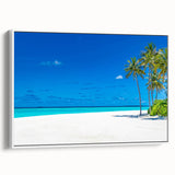 Framed canvas wall art showcasing a serene seascape design in soft blues and whites, displayed in a modern white frame, ideal for coastal-themed decor.